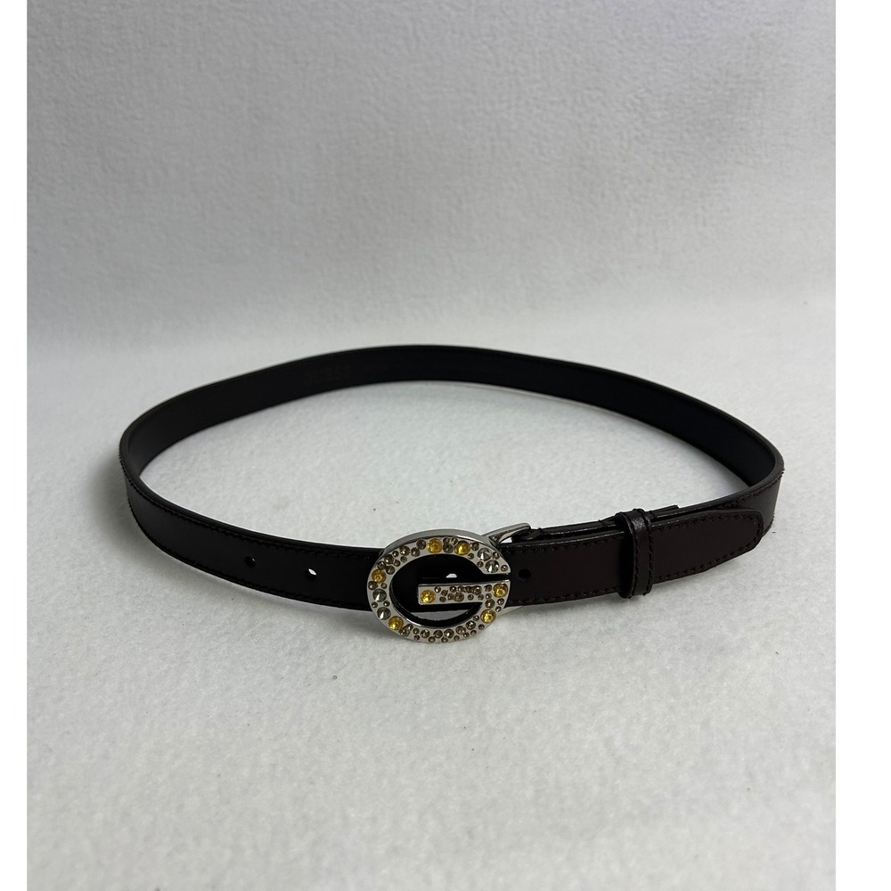 Y2K Glam Guess Womens Small Dark Brown Rhinestone G Logo Slim Belt Silver Buckle